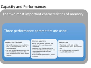 Capacity and Performance:
The two most important characteristics of memory
Three performance parameters are used:
Access time (latency)
• For random-access memory it is the
time it takes to perform a read or
write operation
• For non-random-access memory it is
the time it takes to position the
read-write mechanism at the desired
location
Memory cycle time
•Access time plus any additional time
required before second access can
commence
•Additional time may be required for
transients to die out on signal lines or to
regenerate data if they are read
destructively
•Concerned with the system bus, not the
processor
Transfer rate
• The rate at which data can be
transferred into or out of a memory
unit
• For random-access memory it is
equal to 1/(cycle time)
 