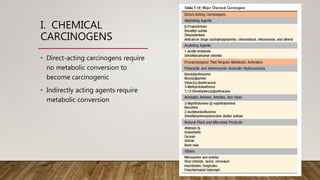 I. CHEMICAL
CARCINOGENS
• Direct-acting carcinogens require
no metabolic conversion to
become carcinogenic
• Indirectly acting agents require
metabolic conversion
 