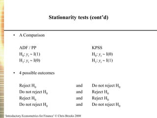 ‘Introductory Econometrics for Finance’ © Chris Brooks 2008
Stationarity tests (cont’d)
• A Comparison
ADF / PP KPSS
H0: yt  I(1) H0: yt  I(0)
H1: yt  I(0) H1: yt  I(1)
• 4 possible outcomes
Reject H0 and Do not reject H0
Do not reject H0 and Reject H0
Reject H0 and Reject H0
Do not reject H0 and Do not reject H0
 