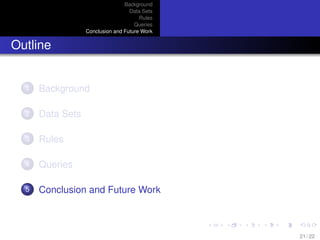 Background
Data Sets
Rules
Queries
Conclusion and Future Work
Outline
1 Background
2 Data Sets
3 Rules
4 Queries
5 Conclusion and Future Work
21 / 22
 
