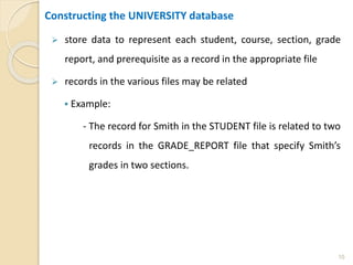 Constructing the UNIVERSITY database
 store data to represent each student, course, section, grade
report, and prerequisite as a record in the appropriate file
 records in the various files may be related
 Example:
- The record for Smith in the STUDENT file is related to two
records in the GRADE_REPORT file that specify Smith’s
grades in two sections.
10
 