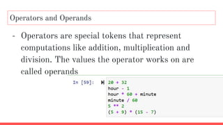 Operators and Operands
- Operators are special tokens that represent
computations like addition, multiplication and
division. The values the operator works on are
called operands
 