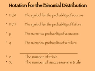 Notation for the Binomial Distribution P(S) The symbol for the probability of success P(F) The symbol for the probability of failure p The numerical probability of a success q The numerical probability of a failure __________________ __________________ n The number of trials X The number of successes in n trials 