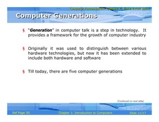 Computer Fundamentals: Pradeep K. Sinha & Priti SinhaComputer Fundamentals: Pradeep K. Sinha & Priti Sinha
Slide 11/17Chapter 1: Introduction to ComputersRef Page
§ “Generation” in computer talk is a step in technology. It
provides a framework for the growth of computer industry
§ Originally it was used to distinguish between various
hardware technologies, but now it has been extended to
include both hardware and software
§ Till today, there are five computer generations
Computer GenerationsComputer Generations
(Continued on next slide)
05
 