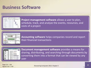 Business SoftwarePages 157 – 158Figures 3-16 – 3-18Discovering Computers 2012: Chapter 322