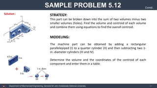 Department of Mechanical Engineering, General Sir John Kotelawala Defence University 38
SAMPLE PROBLEM 5.12 Contd..
STRATEGY:
This part can be broken down into the sum of two volumes minus two
smaller volumes (holes). Find the volume and centroid of each volume
and combine them using equations to find the overall centroid.
Solution :
The machine part can be obtained by adding a rectangular
parallelepiped (I) to a quarter cylinder (II) and then subtracting two 1-
in.-diameter cylinders (III and IV).
Determine the volume and the coordinates of the centroid of each
component and enter them in a table.
MODELING:
 