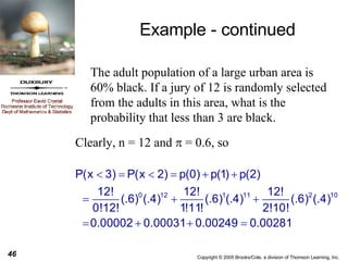 Example - continued The adult population of a large urban area is 60% black. If a jury of 12 is randomly selected from the adults in this area, what is the probability that less than 3 are black. Clearly, n = 12 and   = 0.6, so 