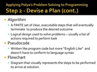  Algorithm
 A FINITE set of clear, executable steps that will eventually
terminate to produce the desired outcome
 Logical design used to solve problems – usually a list of
actions required to perform task
 Pseudocode
 Written like program code but more “English Like” and
doesn’t have to conform to language syntax
 Flowchart
 Diagram that visually represents the steps to be performed
to arrive at solution.
 