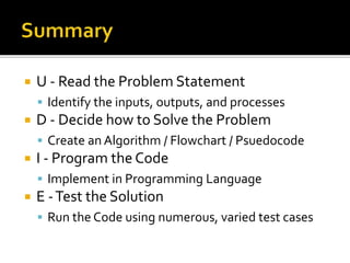  U - Read the Problem Statement
 Identify the inputs, outputs, and processes
 D - Decide how to Solve the Problem
 Create an Algorithm / Flowchart / Psuedocode
 I - Program the Code
 Implement in Programming Language
 E -Test the Solution
 Run the Code using numerous, varied test cases
 