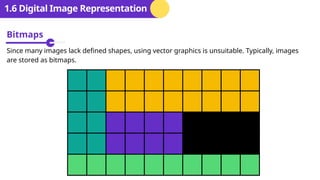 Bitmaps
Since many images lack defined shapes, using vector graphics is unsuitable. Typically, images
are stored as bitmaps.
1.6 Digital Image Representation
 