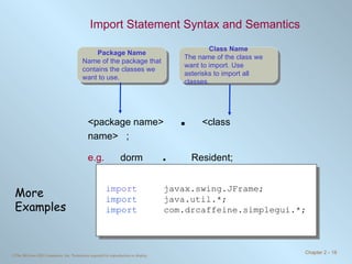 Import Statement Syntax and Semantics <package name>  .   <class name>  ; e.g.  dorm  .   Resident; import   javax.swing.JFrame; import   java.util.*; import   com.drcaffeine.simplegui.*; More Examples Class Name The name of the class we want to import. Use asterisks to import all classes. Package Name Name of the package that contains the classes we want to use. 