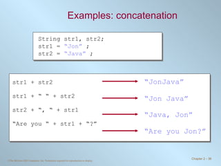Examples: concatenation String str1, str2; str1 =  “Jon”  ; str2 =  “Java”  ; str1 + str2 str1 + “ “ + str2 str2 + “, “ + str1 “ Are you “ + str1 + “?” “ JonJava” “ Jon Java” “ Java, Jon” “ Are you Jon?” 