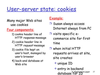 User-server state: cookies Many major Web sites use cookies Four components: 1) cookie header line of HTTP  response  message 2) cookie header line in HTTP  request  message 3) cookie file kept on user’s host, managed by user’s browser 4) back-end database at Web site Example: Susan always access Internet always from PC visits specific e-commerce site for first time when initial HTTP requests arrives at site, site creates:  unique ID entry in backend database for ID 2: Application Layer 