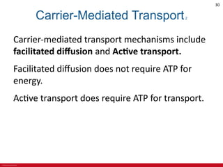 © 2019 McGraw-Hill Education
30
Carrier-Mediated Transport2
Carrier-mediated transport mechanisms include
facilitated diffusion and Active transport.
Facilitated diffusion does not require ATP for
energy.
Active transport does require ATP for transport.
 