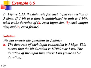 6.25
In Figure 6.13, the data rate for each input connection is
3 kbps. If 1 bit at a time is multiplexed (a unit is 1 bit),
what is the duration of (a) each input slot, (b) each output
slot, and (c) each frame?
Solution
We can answer the questions as follows:
a. The data rate of each input connection is 1 kbps. This
means that the bit duration is 1/1000 s or 1 ms. The
duration of the input time slot is 1 ms (same as bit
duration).
Example 6.5
 