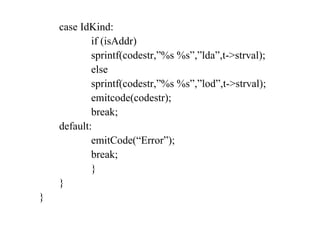 case IdKind: if (isAddr) sprintf(codestr,”%s %s”,”lda”,t->strval); else sprintf(codestr,”%s %s”,”lod”,t->strval); emitcode(codestr); break; default: emitCode(“Error”); break; } } } 