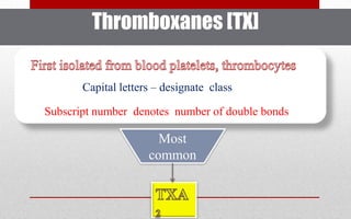 Subscript number denotes number of double bonds
Capital letters – designate class
Most
common
Thromboxanes [TX]
 