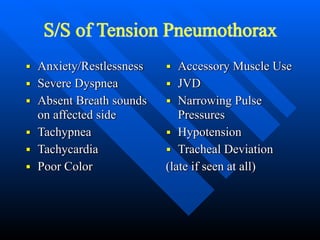 S/S of Tension Pneumothorax
■ Anxiety/Restlessness


■ Severe Dyspnea


■ Absent Breath sounds
on affected side


■ Tachypnea


■ Tachycardia


■ Poor Color
■ Accessory Muscle Use


■ JVD


■ Narrowing Pulse
Pressures


■ Hypotension


■ Tracheal Deviation


(late if seen at all)
 