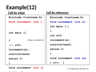 Example(12)
#include <iostream.h>
void increment (int );
int main ()
{
int a=5;
increment(a);
cout<<a<<endl;
return 0;
}
void increment (int z) 35
#include <iostream.h>
void increment (int &);
int main ( )
{
int a=5;
increment(a);
cout<<a<<endl;
return 0;
}
void increment (int &z)
{ z++; }
Call by reference
Call by value
//Value a is copied to z;
C++ Programming, Ali Alsbou
 