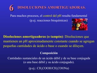 DISOLUCIONES AMORTIGUADORAS. 6 Disoluciones amortiguadoras (o tampón) : Disoluciones que mantienen un pH aproximadamente constante cuando se agregan pequeñas cantidades de ácido o base o cuando se diluyen. Composición Cantidades sustanciales de un ácido débil y de su base conjugada (o una base débil y su ácido conjugado). (p.ej.: CH 3 COOH/CH 3 COONa) Para muchos procesos, el  control del pH  resulta fundamental (p.ej. reacciones bioquímicas) 
