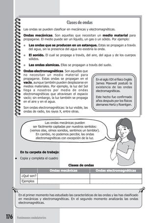 176 Fenómenos ondulatorios
Clases de ondas
Las ondas se pueden clasificar en mecánicas y electromagnéticas.
Ondas mecánicasOndas mecánicasOndas mecánicasOndas mecánicasOndas mecánicas. Son aquellas que necesitan un medio materialmedio materialmedio materialmedio materialmedio material para
propagarse. El medio puede ser un líquido, un gas o un sólido. Por ejemplo:
● Las ondas que se producen en un estanque.Las ondas que se producen en un estanque.Las ondas que se producen en un estanque.Las ondas que se producen en un estanque.Las ondas que se producen en un estanque. Estas se propagan a través
del agua, sin la presencia del agua no existiría la onda.
● El sonido.El sonido.El sonido.El sonido.El sonido. El cual se propaga a través, del aire, del agua y de los cuerpos
sólidos.
● Las ondas sísmicas.Las ondas sísmicas.Las ondas sísmicas.Las ondas sísmicas.Las ondas sísmicas. Ellas se propagan a través del suelo.
Ondas electromagnéticasOndas electromagnéticasOndas electromagnéticasOndas electromagnéticasOndas electromagnéticas. Son aquellas que
no necesitan un medio material para
propagarse. Estas ondas se propagan en el
vacíovacíovacíovacíovacío, aunque también pueden desplazarse en
medios materiales. Por ejemplo, la luz del Sol
llega a nosotros por medio de ondas
electromagnéticas que atraviesan el espacio
vacío; sin embargo, la luz también se propaga
en el aire y en el agua.
Son ondas electromagnéticas: la luz visible, las
ondas de radio, los rayos X, entre otras.
En el siglo XIX el físico Inglés
James Maxwell postuló la
existencia de las ondas
electromagnéticas.
Este hecho fue confirmado
años después por los físicos
alemanes Hertz y Roentgen.
En el primer momento has estudiado las características de las ondas y las has clasificado
en mecánicas y electromagnéticas. En el segundo momento analizarás las ondas
electromagnéticas.
En tu carpeta de trabajoEn tu carpeta de trabajoEn tu carpeta de trabajoEn tu carpeta de trabajoEn tu carpeta de trabajo:
◆ Copia y completa el cuadro
Clases de ondasClases de ondasClases de ondasClases de ondasClases de ondas
Ondas mecánicasOndas mecánicasOndas mecánicasOndas mecánicasOndas mecánicas Ondas electromagnéticasOndas electromagnéticasOndas electromagnéticasOndas electromagnéticasOndas electromagnéticas
¿Qué son?
Ejemplos
Las ondas mecánicas pueden
ser fácilmente captadas por nuestros sentidos:
(vemos olas, oímos sonidos, sentimos un temblor).
En cambio, no podemos percibir, las ondas
electromagnéticas con excepción de la luz.
 