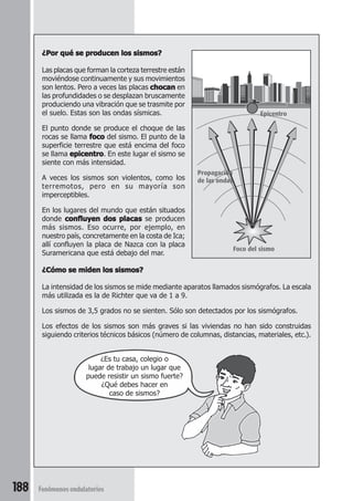 188 Fenómenos ondulatorios
¿Por qué se producen los sismos?¿Por qué se producen los sismos?¿Por qué se producen los sismos?¿Por qué se producen los sismos?¿Por qué se producen los sismos?
Las placas que forman la corteza terrestre están
moviéndose continuamente y sus movimientos
son lentos. Pero a veces las placas chocanchocanchocanchocanchocan en
las profundidades o se desplazan bruscamente
produciendo una vibración que se trasmite por
el suelo. Estas son las ondas sísmicas.
El punto donde se produce el choque de las
rocas se llama focofocofocofocofoco del sismo. El punto de la
superficie terrestre que está encima del foco
se llama epicentroepicentroepicentroepicentroepicentro. En este lugar el sismo se
siente con más intensidad.
A veces los sismos son violentos, como los
terremotos, pero en su mayoría son
imperceptibles.
En los lugares del mundo que están situados
donde confluyen dos placasconfluyen dos placasconfluyen dos placasconfluyen dos placasconfluyen dos placas se producen
más sismos. Eso ocurre, por ejemplo, en
nuestro país, concretamente en la costa de Ica;
allí confluyen la placa de Nazca con la placa
Suramericana que está debajo del mar.
¿Cómo se miden los sismos?¿Cómo se miden los sismos?¿Cómo se miden los sismos?¿Cómo se miden los sismos?¿Cómo se miden los sismos?
La intensidad de los sismos se mide mediante aparatos llamados sismógrafos. La escala
más utilizada es la de Richter que va de 1 a 9.
Los sismos de 3,5 grados no se sienten. Sólo son detectados por los sismógrafos.
Los efectos de los sismos son más graves si las viviendas no han sido construidas
siguiendo criterios técnicos básicos (número de columnas, distancias, materiales, etc.).
¿Es tu casa, colegio o
lugar de trabajo un lugar que
puede resistir un sismo fuerte?
¿Qué debes hacer en
caso de sismos?
Propagación
de las ondas
Foco del sismo
Epicentro
 