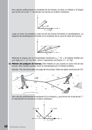 48 Movimientosyfuerzas
Para calcular gráficamente la resultante de las fuerzas, es decir, el módulo y el ángulo
que forma con el eje “x”. Se dibujan las fuerzas en el plano cartesiano
Luego se traza una paralela a cada una de las fuerzas formando un paralelogramo. La
diagonal del paralelogramo formado es la resultante de la suma de estas dos fuerzas.
Midiendo el ángulo con un transportador tendremos αR = 12° y el módulo medido con
una regla es R = 4,7 cm. Pero, como R representa una fuerza: R = 4,7 kgf
b)b)b)b)b) Método del polígono de fuerzas.Método del polígono de fuerzas.Método del polígono de fuerzas.Método del polígono de fuerzas.Método del polígono de fuerzas. Este método se usa cuando se suma más de dos
fuerzas. Este método muchas veces es reemplazado por el método analítico.
Ejemplo. Tres hermanos jalan una soga de tres puntas. Cada uno aplica una fuerza de 2 N.
Para calcular gráficamente la resultante (R) y el ángulo αR que forma con el eje de las “x”
se representan las fuerzas en el plano cartesiano.
F1 = 3 kgf
F 2
= 2 kgf
α = 30°
x
y
F1
F 2
αR ≅ 12°
x
y
R ≅ 4,7 kgf
F1 = 2 N
F3 = 2 N
45°
x
y
45°
F2 = 2 N
2 N
2 N
2 N
 