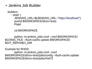 ● Jenkins Job Builder
builders:
- shell: |
JENKINS_URL=${JENKINS_URL:-"https://localhost/"}
pushd $WORKSPACE/dirsrv-tests
Popd
cd $WORKSPACE
python -m jenkins_jobs.cmd --conf $WORKSPACE/
$CONIG_FILE --flush-cache update $WORKSPACE/
$GIT_REPO/$CI_DIR
Example for RHDS:
python -m jenkins_jobs.cmd --conf
$WORKSPACE/dirsrv-tests/jobs/config --flush-cache update
$WORKSPACE/dirsrv-tests/jobs/rhel72
 