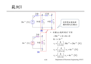 1
Department of Electronic Engineering, NTUT
(b)(b)(b)(b)
+
−
+
−
+
−
i
a b
′a ′b
2 Ω 12 Ω
16 Ω 4 Ωv1 v2( )2
30 Vt
e−
(c)(c)(c)(c)
+
−
+
−
i
a
′a
( )2
30 Vt
e−
2 Ω
8 Ω v1
(b) (c)
• (c) KLC
2
30 2 8 0t
e i i−
− + + =
2
3 t
i e−
=
( )2 2
1
8
30 24 V
2 8
t t
v e e− − 
= ⋅ = 
+ 
( )2
2 1
4
6 V
12 4
t
v v e− 
= ⋅ = 
+ 
( )2
3 2
8
4 V
8 4
t
v v e− 
= ⋅ = 
+ 
6/26
 