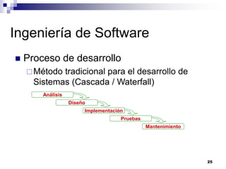 25
 Proceso de desarrollo
Método tradicional para el desarrollo de
Sistemas (Cascada / Waterfall)
Ingeniería de Software
Análisis
Diseño
Implementación
Pruebas
Mantenimiento
 