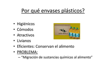 Por qué envases plásticos?
• Higiénicos
• Cómodos
• Atractivos
• Livianos
• Eficientes: Conservan el alimento
• PROBLEMA:
– “Migración de sustancias químicas al alimento”
 