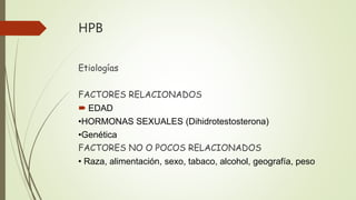 HPB
Etiologías
FACTORES RELACIONADOS
 EDAD
•HORMONAS SEXUALES (Dihidrotestosterona)
•Genética
FACTORES NO O POCOS RELACIONADOS
• Raza, alimentación, sexo, tabaco, alcohol, geografía, peso
 