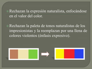 Rechazan la expresión naturalista, enfocándose
en el valor del color.
Rechazan la paleta de tonos naturalistas de los
impresionistas y la reemplazan por una llena de
colores violentos (énfasis expresivo).
 