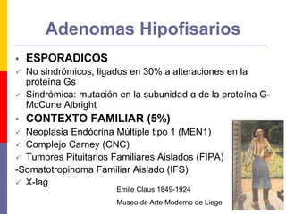  ESPORADICOS
 No sindrómicos, ligados en 30% a alteraciones en la
proteína Gs
 Sindrómica: mutación en la subunidad α de la proteína G-
McCune Albright
 CONTEXTO FAMILIAR (5%)
 Neoplasia Endócrina Múltiple tipo 1 (MEN1)
 Complejo Carney (CNC)
 Tumores Pituitarios Familiares Aislados (FIPA)
-Somatotropinoma Familiar Aislado (IFS)
 X-lag
Adenomas Hipofisarios
Emile Claus 1849-1924
Museo de Arte Moderno de Liege
 