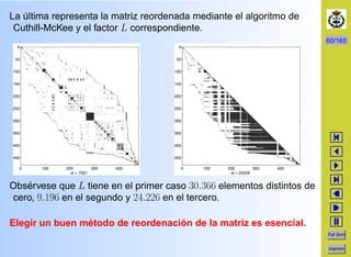 60/165
Full Scrn
Imprimir
La ´ultima representa la matriz reordenada mediante el algoritmo de
Cuthill-McKee y el factor L correspondiente.
0 100 200 300 400
0
50
100
150
200
250
300
350
400
450
el = 7551
0 100 200 300 400
0
50
100
150
200
250
300
350
400
450
el = 24226
Obs´ervese que L tiene en el primer caso 30.366 elementos distintos de
cero, 9.196 en el segundo y 24.226 en el tercero.
Elegir un buen m´etodo de reordenaci´on de la matriz es esencial.
 