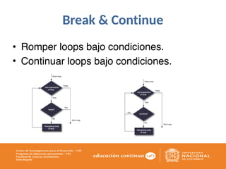 Break & Continue
• Romper loops bajo condiciones.
• Continuar loops bajo condiciones.
 
