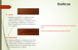 ´ Cedro
Madera aromática, su albura es de
color amarillento y su duramen es
marrón claro. Tiene un veteado suave,
su superficie es brillante y su textura
fina. Es clasificada como una especie
muy valiosa..
´ Cedro Mara
Madera brillante, su albura es de color
blanco amarillento, y su duramen es
marrón rojizo. Tiene un veteado suave y
su textura es fina. Es clasificada como
una especie muy valiosa..
Exóticas
http://www.cumbresaustrales.cl/flora/t_maderas.
htm
http://www.plexwood.com/es/productos
 