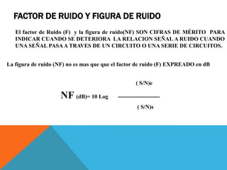 FACTOR DE RUIDO Y FIGURA DE RUIDO
El factor de Ruido (F) y la figura de ruido(NF) SON CIFRAS DE MÉRITO PARA
INDICAR CUANDO SE DETERIORA LA RELACION SEÑAL A RUIDO CUANDO
UNA SEÑAL PASAA TRAVES DE UN CIRCUITO O UNA SERIE DE CIRCUITOS.
La figura de ruido (NF) no es mas que que el factor de ruido (F) EXPREADO en dB
( S/N)e
NF (dB)= 10 Log ----------------------
( S/N)s
 