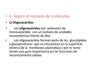• 1- Según el número de moléculas.
• c) Oligosacáridos
• Los oligosacáridos son polímetro de
monosacáridos con un número de unidades
manométricas menor de diez.
• Los oligosacáridos forman parte de los glucolípidos
y glucoproteínas que se encuentran en la superficie
externa de la membrana plasmática y por lo tanto
tienen una gran importancia en las funciones de
reconocimiento celular.
 