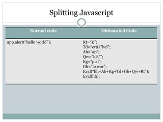 Splitting Javascript Normal code Obfuscated Code app.alert(“hello world”); Rt=“);”; Td=“ert(\”hel”; Ab=“ap”; Qw=“ld\””; Kg=“p.al”; Gh=“lo wor”; Eval(“hh=Ab+Kg+Td+Gh+Qw+Rt”); Eval(hh); 