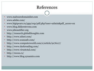 References www.malwaredomainlist.com www.adobe.com/ www.bigiqwars.ru/ppp/exp/pdf.php?user=admin&pdf_acces=on www.blog.didierstevens.com www.jsbeautifier.org http://research.globalthoughtz.com http://www.zdnet.com/ http://www.scansafe.com/ http://www.computerworld.com/s/article/9176117/ http://www.darkreading.com/ http://www.virustotal.com/ http://recon.cx/ http://www.blog.zynamics.com 