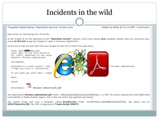 Incidents in the wild Jun 14 CVE-2010-1297 PDF Adobe 0-Day WEO from  [email_address] Jun 20 CVE-2010-1297 PDF Meeting agenda from  [email_address] Jun 21 CVE-2010-1297 PDF About the recent US-Japan Economic Relations Jun 21 CVE-2010-1297 PDF Adobe 0-Day About the recent US-Japan Economic Relations - with Poison Ivy Jun 27 CVE-2009-0927 PDF Discussion on cross-strait maritime cooperation Jul 6 CVE-2010-1297 PDF EPA's Water Sampling Report from spoofed  [email_address] Jul 14 CVE-2009-4324 PDF President Obama's Detrimental Deadlines 
