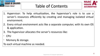Table of Contents
1. Hypervisor: To help virtualization, the hypervisor’s role is to use a
server’s resources efficiently by creating and managing isolated virtual
environment.
2. Every virtual environment acts like a separate computer, with its own OS
& application.
3. The hypervisor allocates the server’s resources like:
- CPU
- Memory & storage.
To each virtual machine as needed.
2
Department of Computer Applications
 