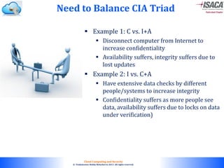 © 2010. All rights reserved.
Cloud Computing and Security
© Venkateswar Reddy Melachervu 2013. All rights reserved.
 Example 1: C vs. I+A
 Disconnect computer from Internet to
increase confidentiality
 Availability suffers, integrity suffers due to
lost updates
 Example 2: I vs. C+A
 Have extensive data checks by different
people/systems to increase integrity
 Confidentiality suffers as more people see
data, availability suffers due to locks on data
under verification)
Need to Balance CIA Triad
 