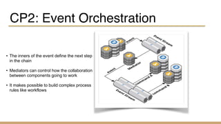 CP2: Event Orchestration
• The inners of the event define the next step
in the chain
• Mediators can control how the collaboration
between components going to work
• It makes possible to build complex process
rules like workflows
 