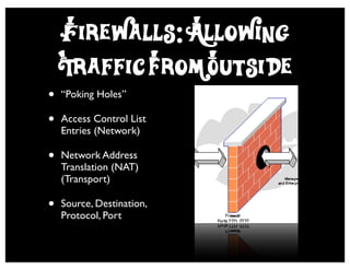 Firewalls: Allowing
    Traffic f*rom O*utside
•   “Poking Holes”

•   Access Control List
    Entries (Network)

•   Network Address
    Translation (NAT)
    (Transport)

•   Source, Destination,
    Protocol, Port
 
