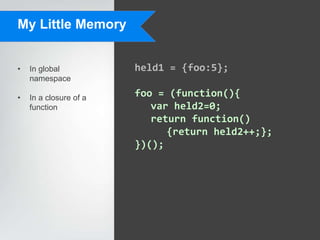 My Little Memory


•   In global           held1 = {foo:5};
    namespace

•   In a closure of a   foo = (function(){
    function               var held2=0;
                           return function()
                              {return held2++;};
                        })();
 