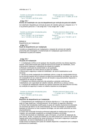 referidos no n.º 3.
  Contém as alterações introduzidas pelos
seguintes diplomas:
   - Lei n.º 23/2012, de 25 de Junho
  Versões anteriores deste artigo:
    - 1ª versão: Lei n.º 7/2009, de 12 de
Fevereiro
  Artigo 372.º
Direitos de trabalhador em caso de despedimento por extinção de posto de trabalho
Ao trabalhador despedido por extinção do posto de trabalho aplica-se o disposto no n.º 4
e na primeira parte do n.º 5 do artigo 363.º e nos artigos 364.º a 366.º
  Contém as alterações introduzidas pelos
seguintes diplomas:
   - Lei n.º 53/2011, de 14 de Outubro
   - Lei n.º 23/2012, de 25 de Junho
  Versões anteriores deste artigo:
    - 1ª versão: Lei n.º 7/2009, de 12 de
Fevereiro
    - 2ª versão: Lei n.º 53/2011, de 14
de Outubro
DIVISÃO IV
Despedimento por inadaptação
  Artigo 373.º
Noção de despedimento por inadaptação
Considera-se despedimento por inadaptação a cessação de contrato de trabalho
promovida pelo empregador e fundamentada em inadaptação superveniente do
trabalhador ao posto de trabalho.
  Artigo 374.º
Situações de inadaptação
1 - A inadaptação verifica-se em qualquer das situações previstas nas alíneas seguintes,
quando, sendo determinada pelo modo de exercício de funções do trabalhador, torne
praticamente impossível a subsistência da relação de trabalho:
a) Redução continuada de produtividade ou de qualidade;
b) Avarias repetidas nos meios afectos ao posto de trabalho;
c) Riscos para a segurança e saúde do trabalhador, de outros trabalhadores ou de
terceiros.
2 - Verifica-se ainda inadaptação de trabalhador afecto a cargo de complexidade técnica
ou de direcção quando não se cumpram os objectivos previamente acordados, por escrito,
em consequência do seu modo de exercício de funções e seja praticamente impossível a
subsistência da relação de trabalho.
3 - O disposto nos números anteriores não prejudica a proteção conferida aos
trabalhadores com capacidade de trabalho reduzida, deficiência ou doença crónica.
4 - A situação de inadaptação referida nos números anteriores não deve decorrer de falta
de condições de segurança e saúde no trabalho imputável ao empregador.
  Contém as alterações introduzidas pelos
seguintes diplomas:
   - Lei n.º 23/2012, de 25 de Junho
  Versões anteriores deste artigo:
    - 1ª versão: Lei n.º 7/2009, de 12 de
Fevereiro
  Artigo 375.º
Requisitos de despedimento por inadaptação
1 - O despedimento por inadaptação em situação referida no n.º 1 do artigo anterior só
pode ter lugar desde que, cumulativamente, se verifiquem os seguintes requisitos:
a) Tenham sido introduzidas modificações no posto de trabalho resultantes de alterações
nos processos de fabrico ou de comercialização, de novas tecnologias ou equipamentos
baseados em diferente ou mais complexa tecnologia, nos seis meses anteriores ao início
do procedimento;
b) Tenha sido ministrada formação profissional adequada às modificações do posto de
trabalho, por autoridade competente ou entidade formadora certificada;
c) Tenha sido facultado ao trabalhador, após a formação, um período de adaptação de,
pelo menos, 30 dias, no posto de trabalho ou fora dele sempre que o exercício de funções
naquele posto seja susceptível de causar prejuízos ou riscos para a segurança e saúde do
trabalhador, de outros trabalhadores ou de terceiros;
d) Não exista na empresa outro posto de trabalho disponível e compatível com a categoria
profissional do trabalhador;
 