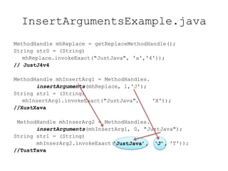 InsertArgumentsExample.java
MethodHandle mhReplace = getReplaceMethodHandle();
String str0 = (String)
   mhReplace.invokeExact("JustJava", 'a','4'));
// JustJ4v4

MethodHandle mhInsertArg1 = MethodHandles.
       insertArguments(mhReplace, 1,'J');
String str1 = (String)
   mhInsertArg1.invokeExact("JustJava",    'X'));
//XustXava

 MethodHandle mhInserArg2 = MethodHandles.
       insertArguments(mhInsertArg1, 0, "JustJava");
String str1 = (String)
       mhInserArg2.invokeExact(‘JustJava’, ‘J’, 'T'));
//TustTava
 